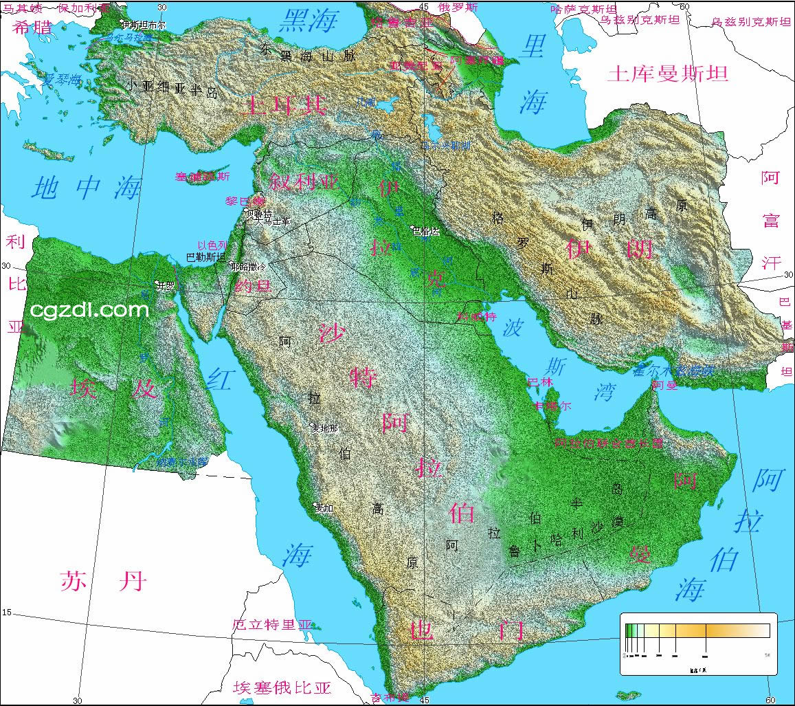 高清中东地区地形图大图